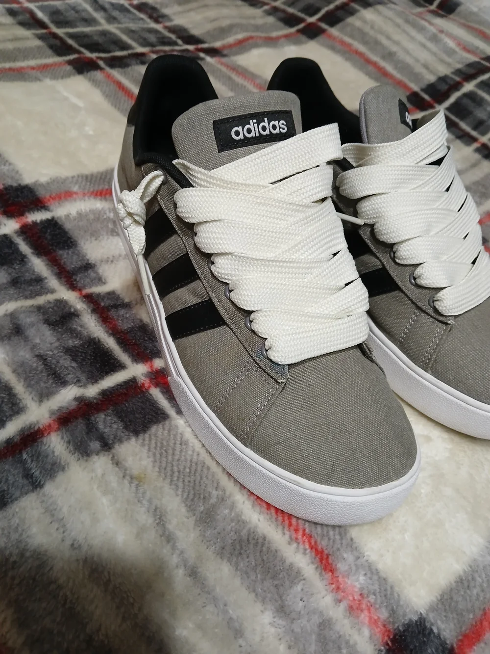 Adidas Daily 2.0, Grey with Black Stripes and Custom Fat White Laces